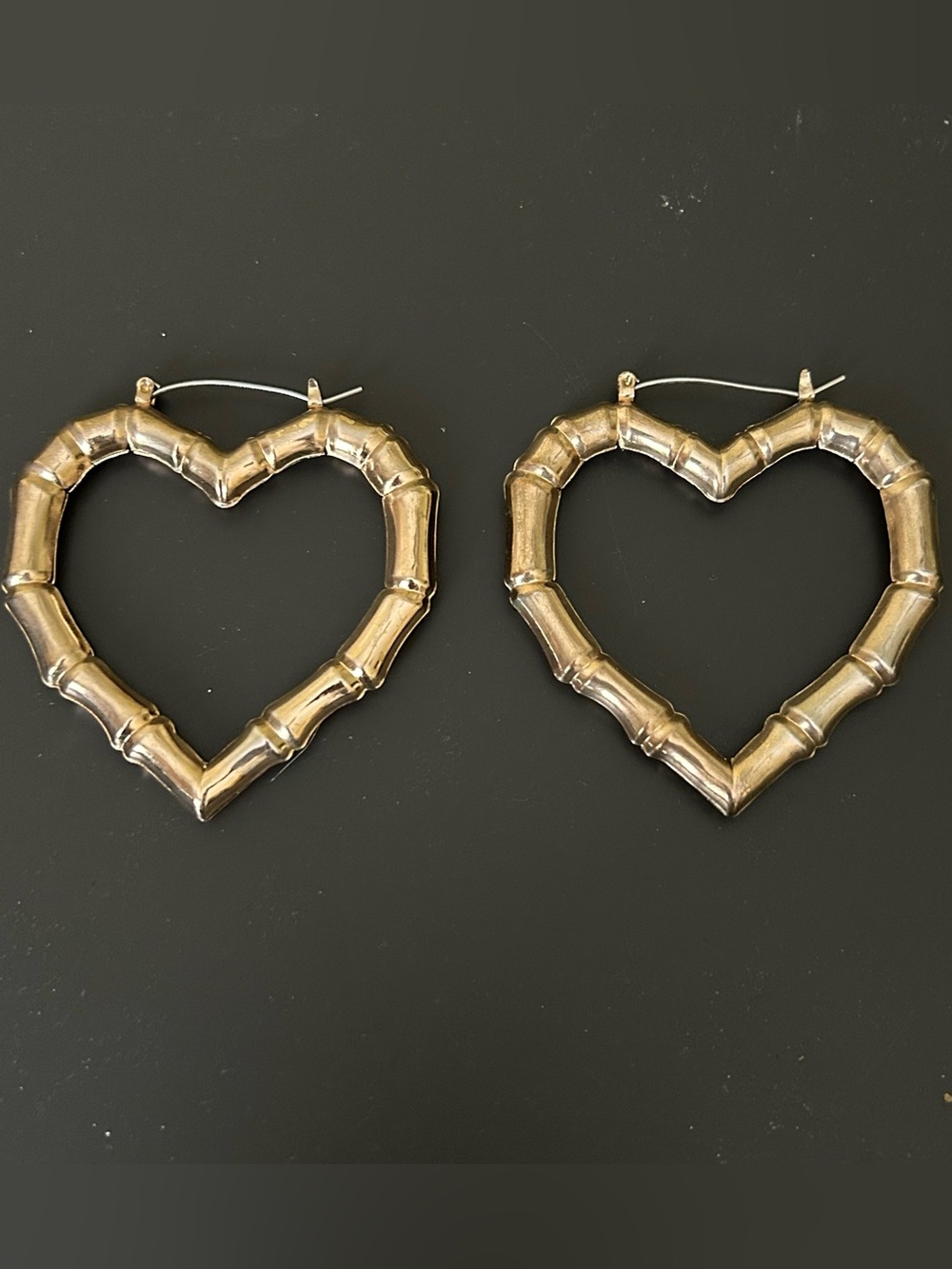 gold bamboo textured heart hoop earrings